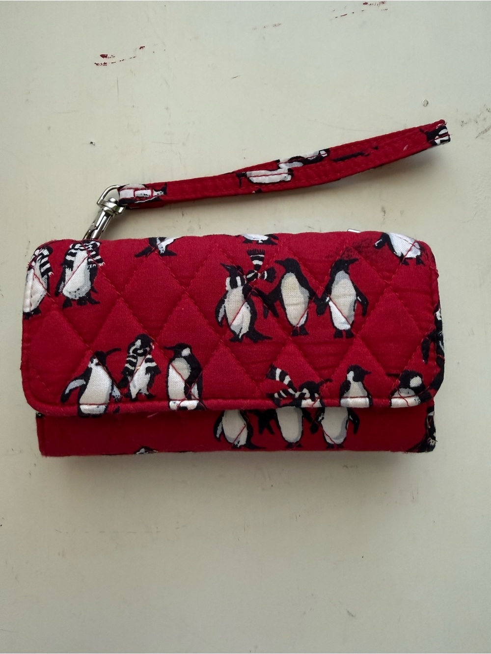 Vera Bradley Red Quilted Wristlet Wallet with Penguin Print